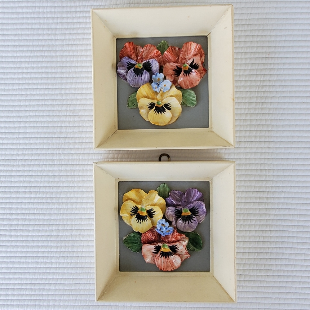 2 Floral Ceramic Decoupage Artwork Wall Hanging 3D Layers Pansies Flowers Square